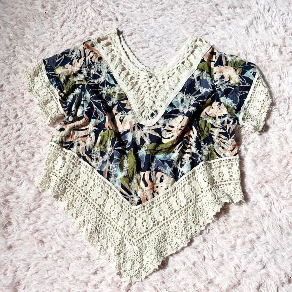 Boho Whimsical Tropical Floral Lace Beachy Festival Top Womens XL Indie Artisan